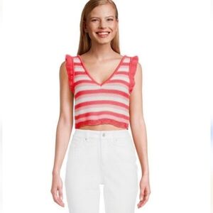 Madden NYC Pink and White Striped Soft Knit Cropped Tank Top With Ruffle‎ Sleeve